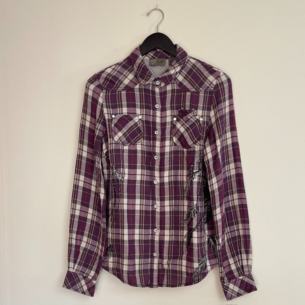VHTF Miss Me Western Plaid Pearl Snap Shirt - Embroidered/Embellished - Size M